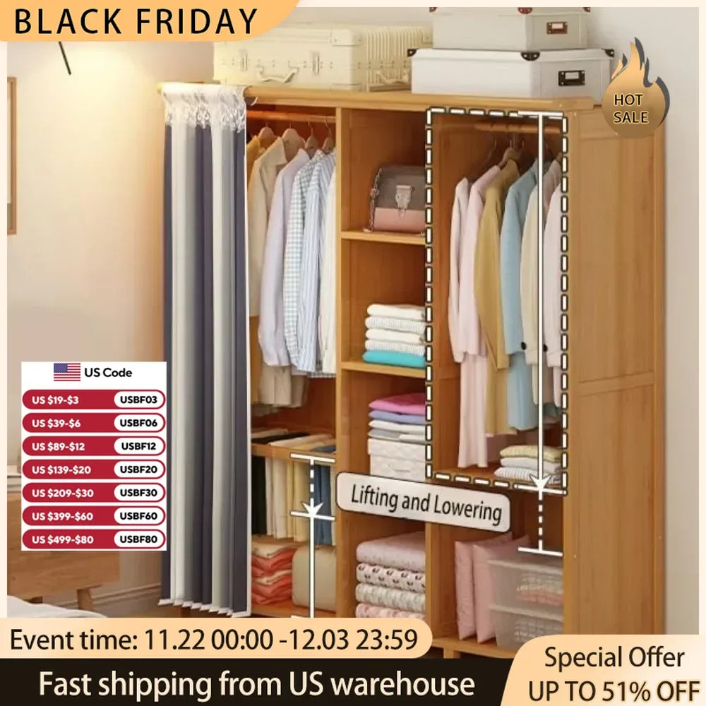 Adjustable Height Storage of Wardrobe Partition Storage With Suspenders Cabinets Hotels Clothing Cupboard Home Furniture Bedroom