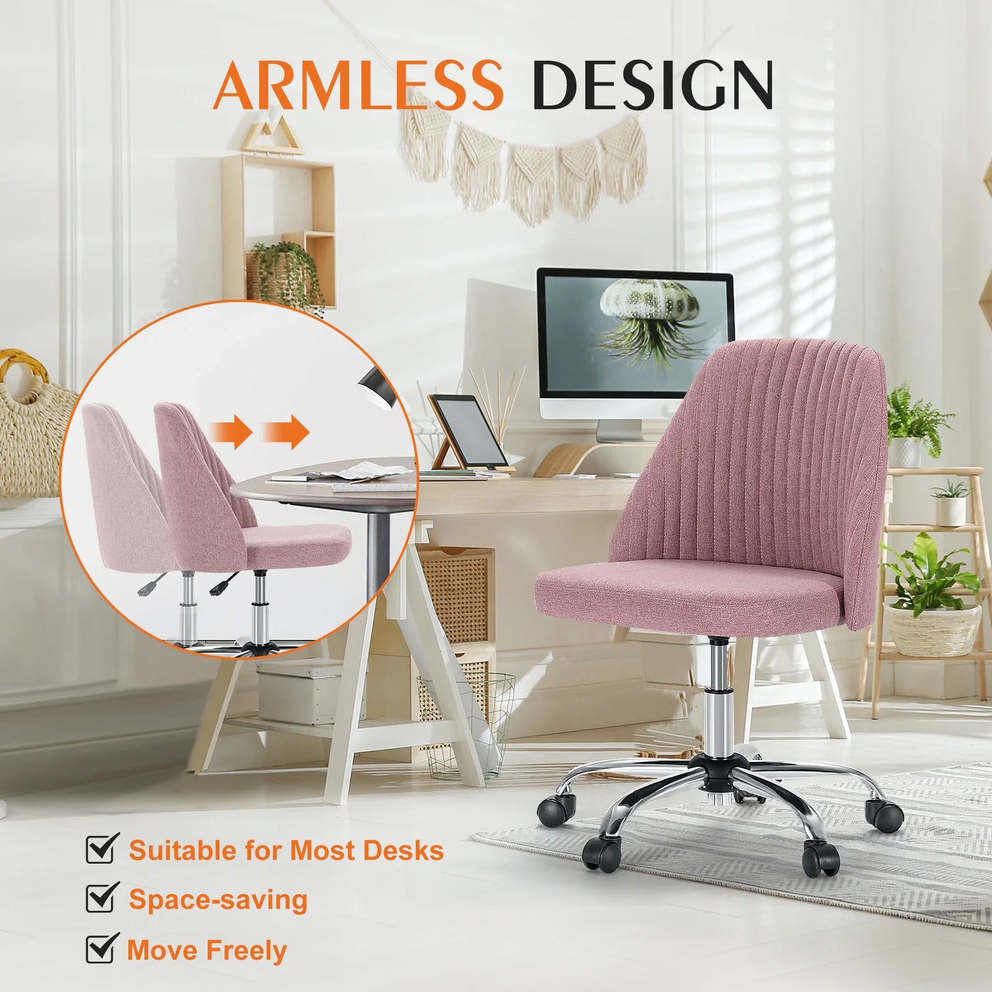 JHK - Silla de escritorio pequeña sin brazos para oficina, bonita silla giratoria con respaldo, moderna silla de tela con ruedas, silla giratoria para juegos en casa