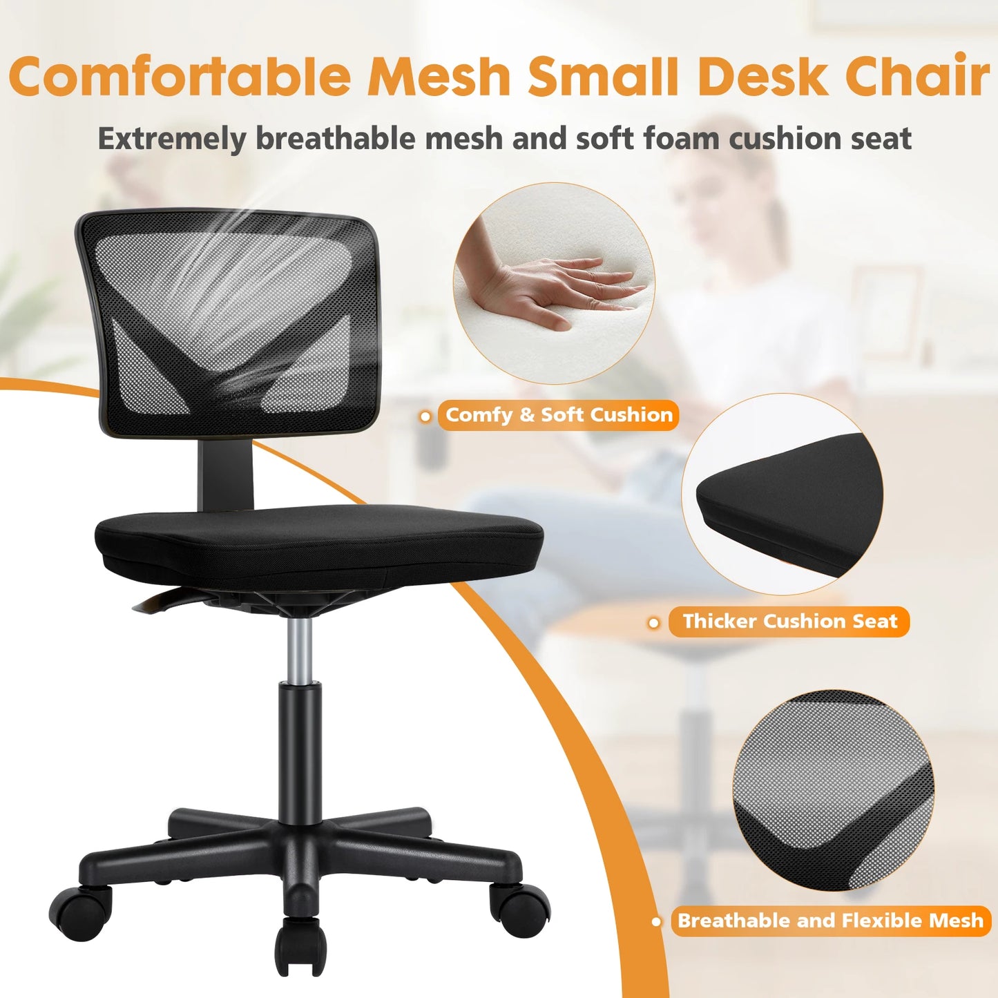 JHK Mesh with Lumbar Support Armless Office Chair Low Back with Wheels Adjustable Height 360° Rolling Swivel Computer Chair