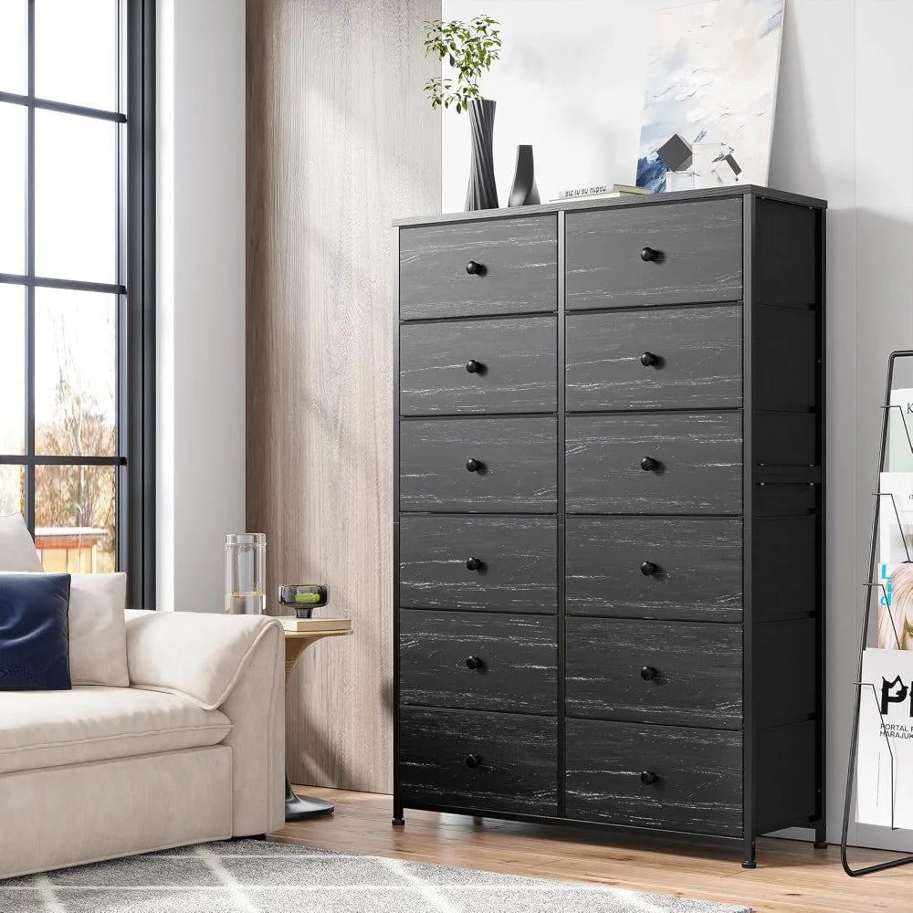 12 Drawer Black Dresser & Chest of Drawers for Closet Hallway, Bedroom Furniture with Wooden Top and Metal Frame Veins