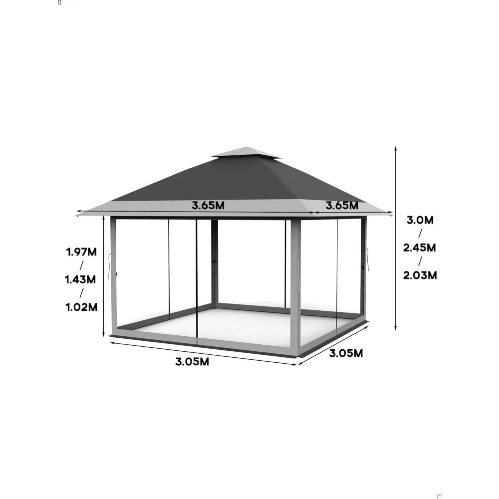 Gazebo Abri d'extérieur 12x12 Pop Up avec moustiquaire 4 Stanbags Tente instantanée pour pelouse, jardin, terrasse arrière