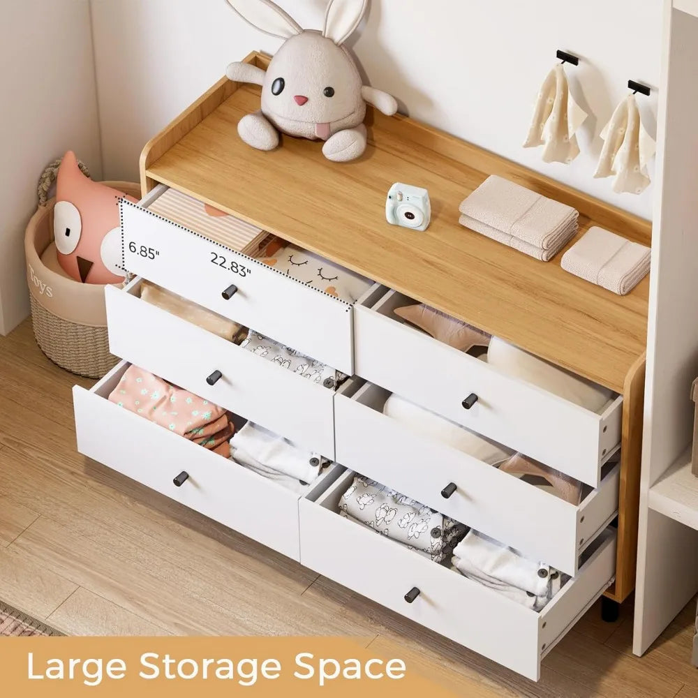 Dresser with 6 Drawers and Metal Handle,Sturdy Frame Modern Bedroom Furniture, Chest of Drawers, White Dressers with Drawers