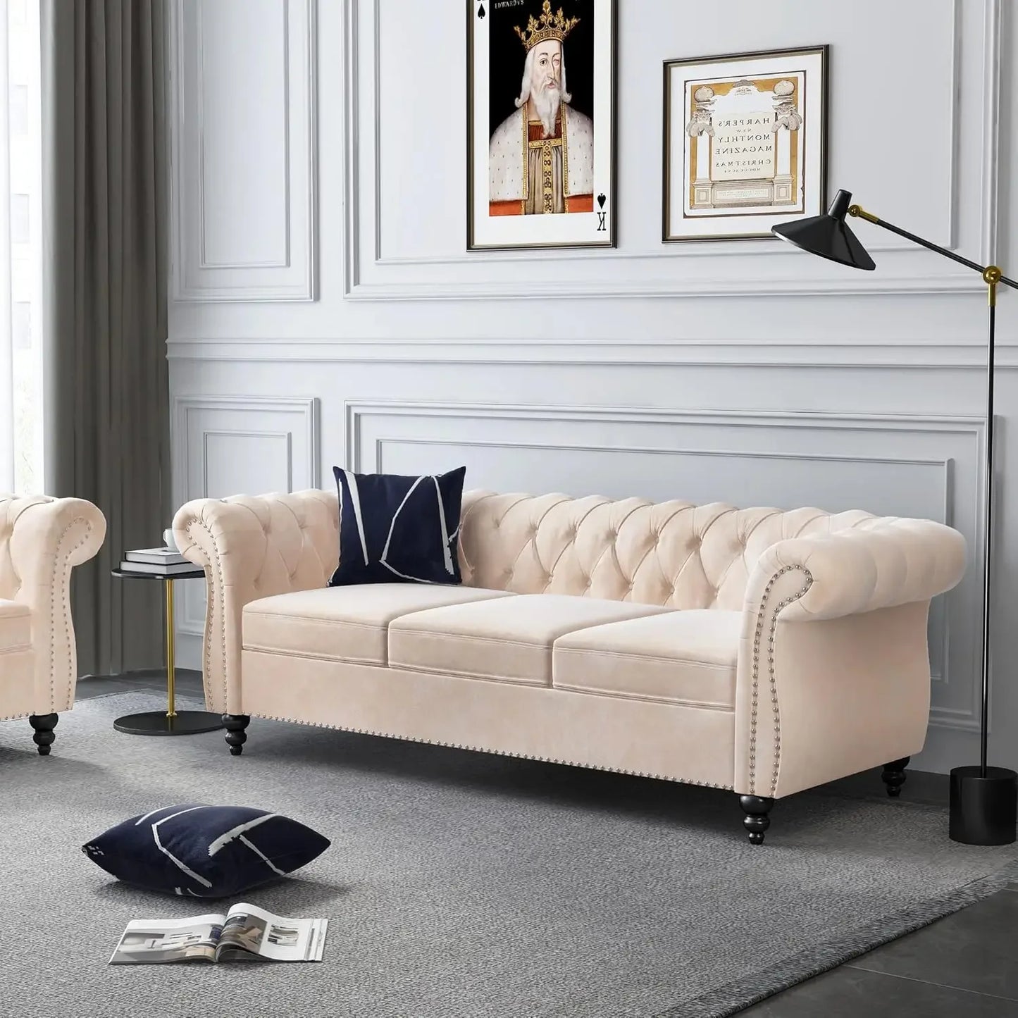 Accent Large Sofa, Chesterfield Couch 3 Seater Modern Velvet Couch Upholstered Sofa with Tufted Back for Living Room Furniture