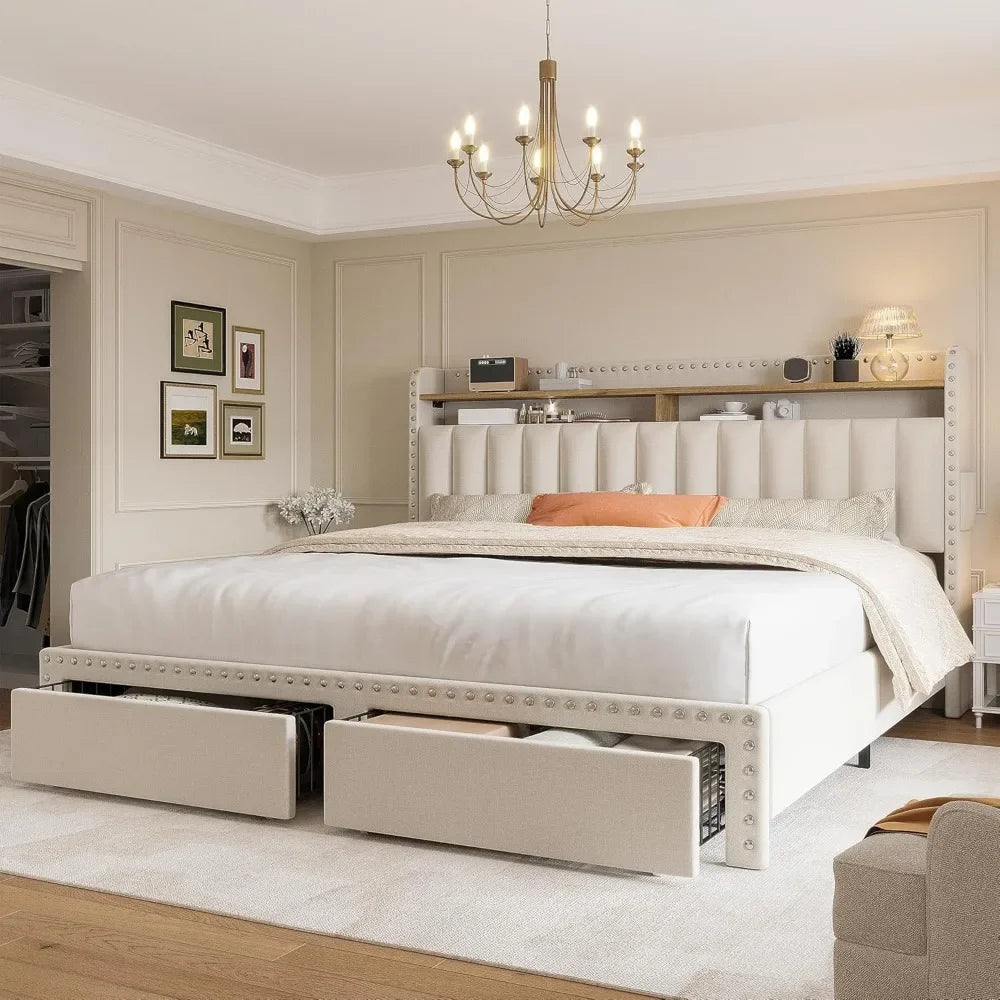 bed， Queen Bed Frame with Headboard and Storage, Upholstered Queen Bed Frame with Storage, Queen Size Bed Frame with 2 Drawers,