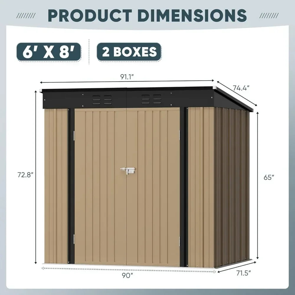 Remise de rangement extérieure de 6 x 8 pi, abris à outils de jardin en métal et maison de rangement extérieure avec toit en pente pour patio, pelouse, arrière-cour