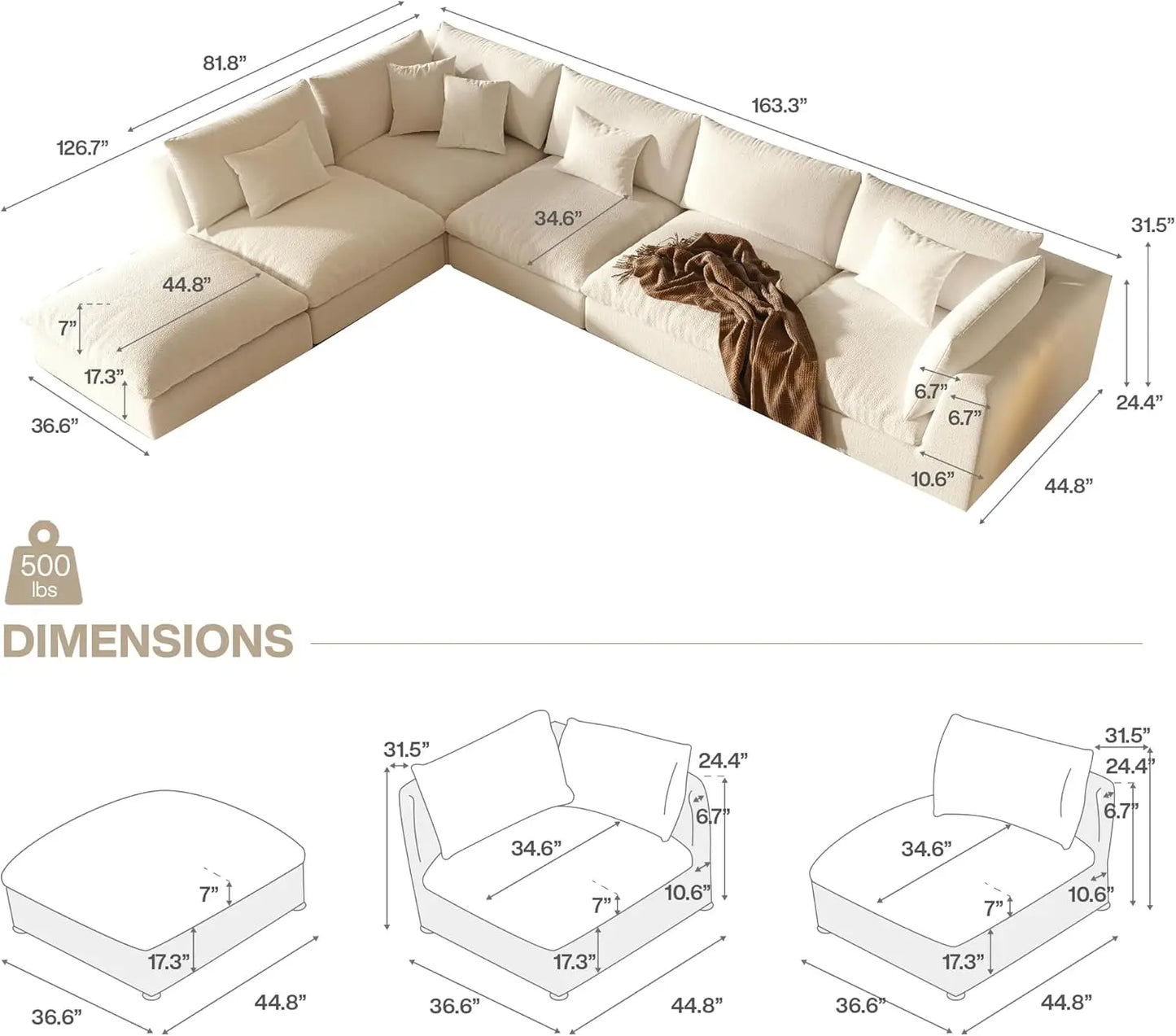 Canapé sectionnel surdimensionné en velours côtelé, canapé modulaire Cloud de 163 pouces avec pouf, canapé convertible en forme de L, canapés à siège profond