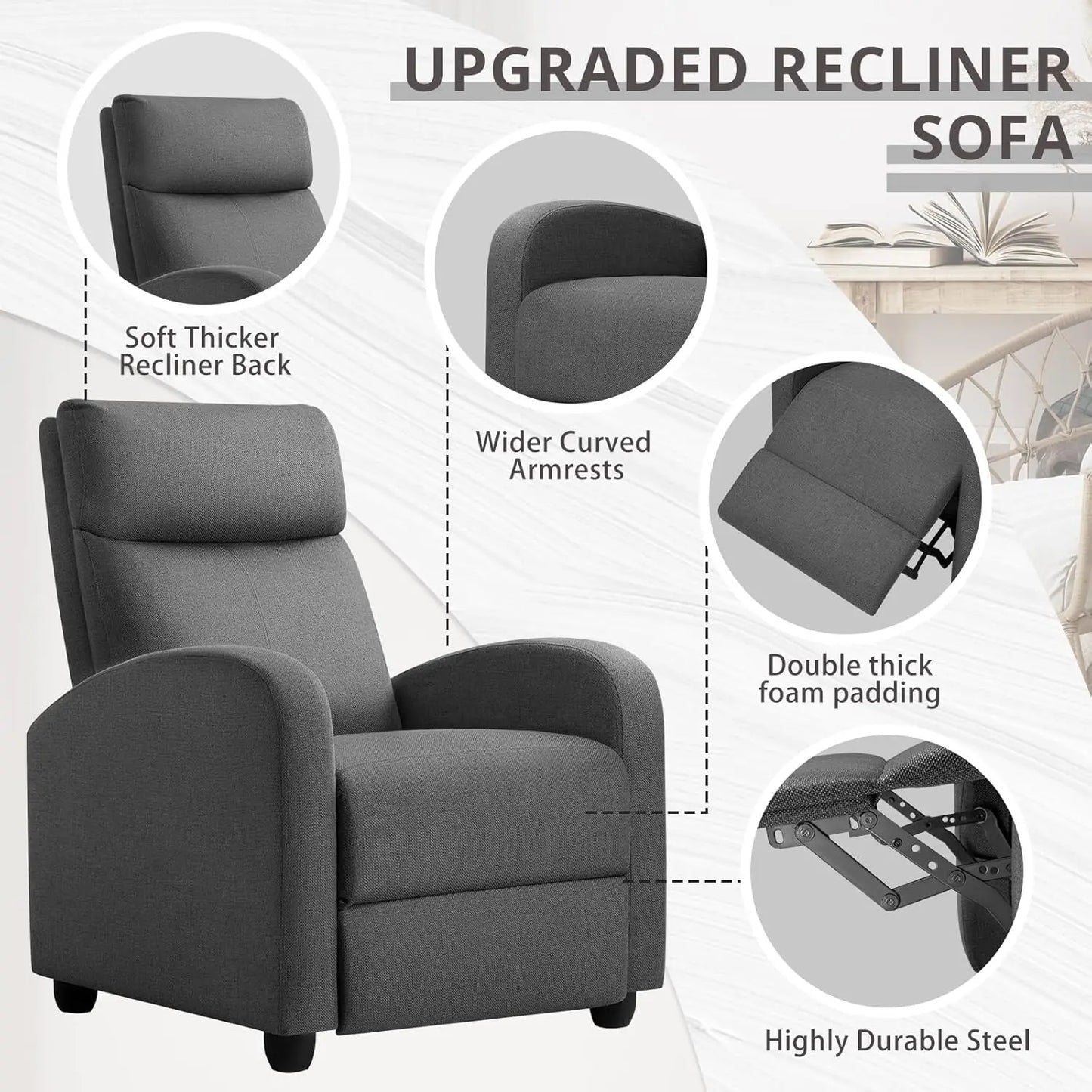 Recliner Chair Adjustable Home Theater Single Recliner Sofa Furniture with Thick Seat Cushion and Backrest Modern Living Room Re