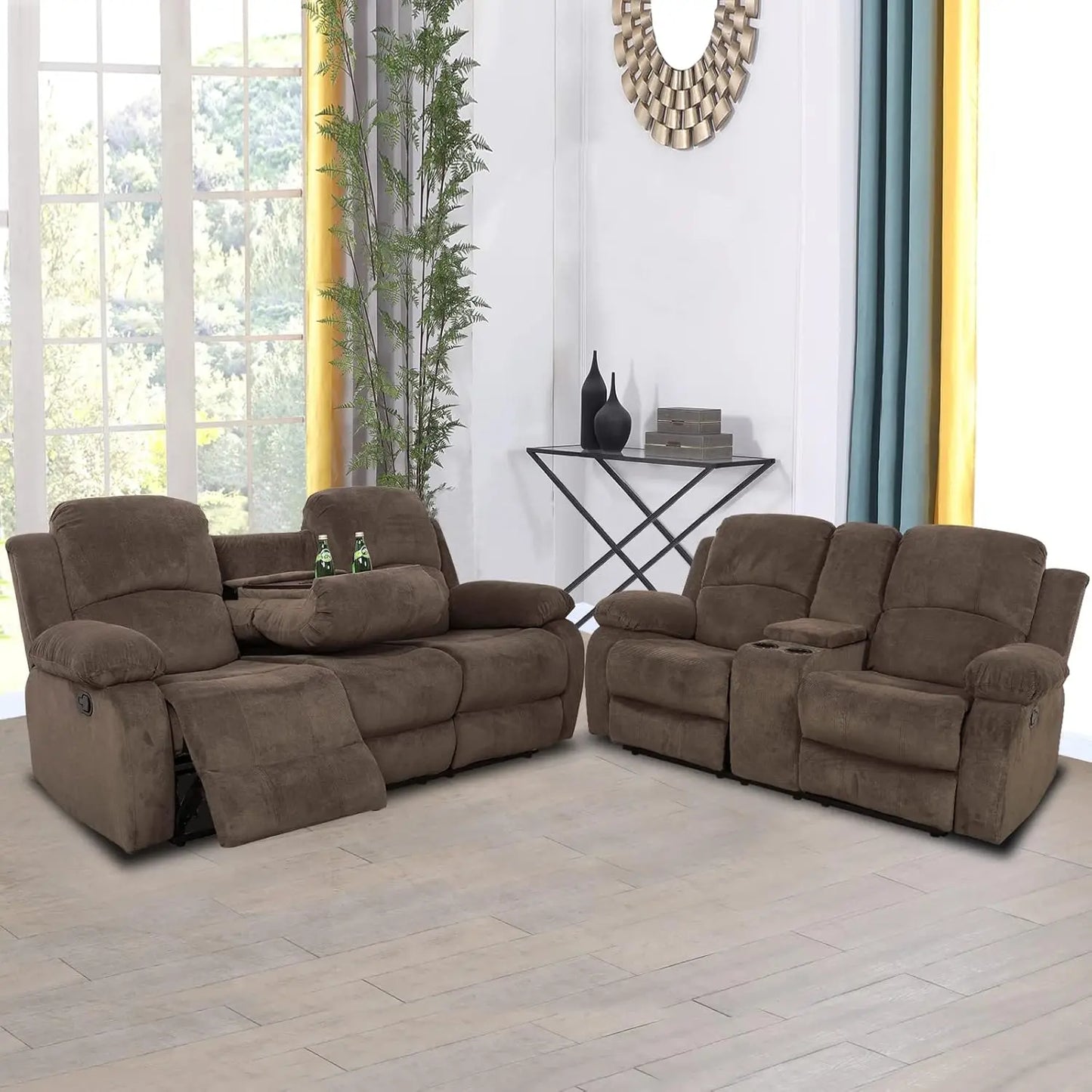 Sofa Set Living Room Furniture Reclining Couch Set with Cup Holders/Storage Console/Drop Down Table Fabric Recliner Sofa Set