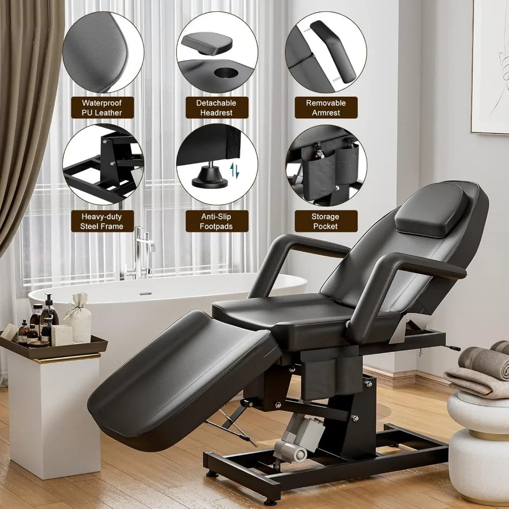 Chaise d'esthétique électrique réglable en hauteur, lit facial, chaise de tatouage pliable en 3 sections, table de massage pour spa