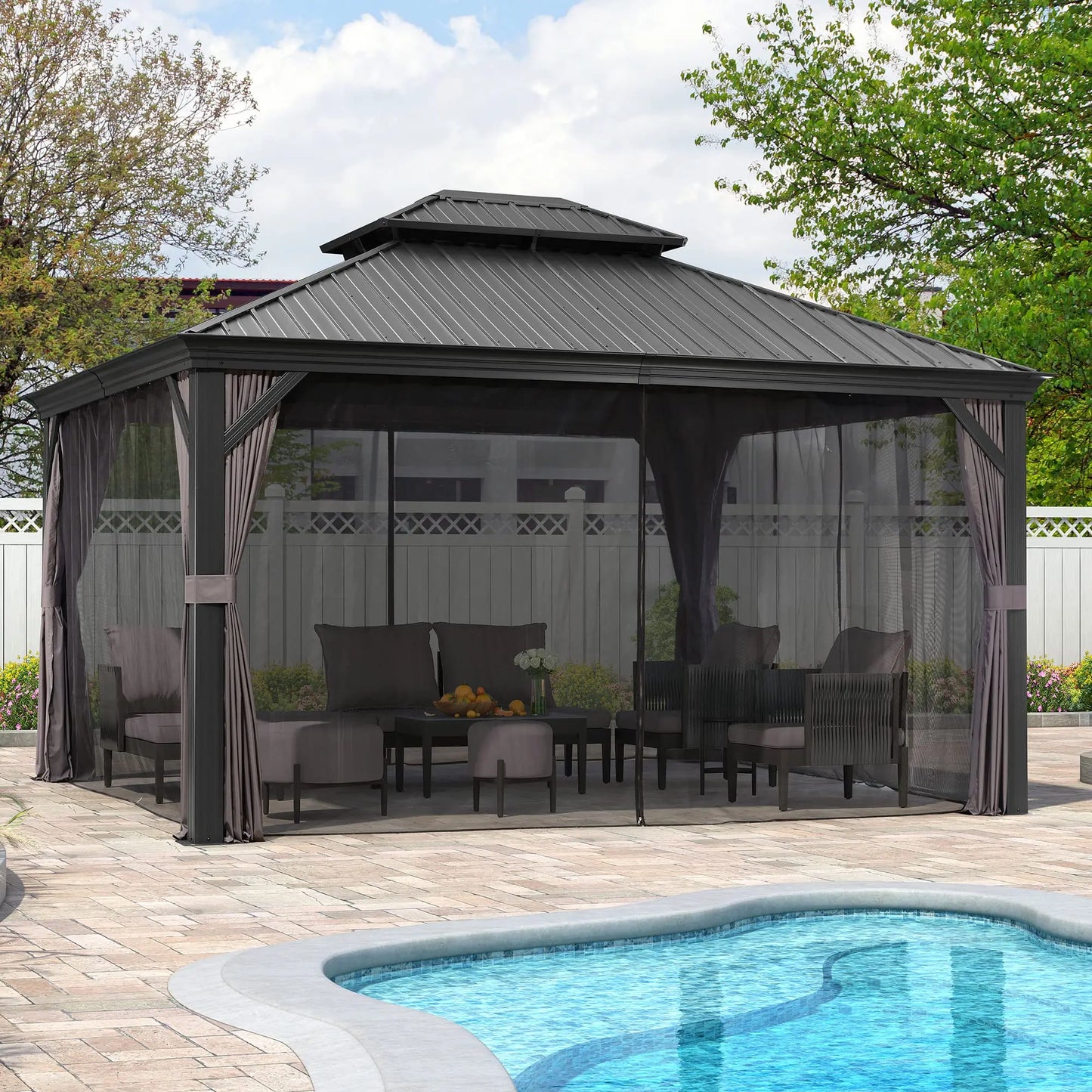 Pergola Véranda Gazebo Jardin 12' X 14'Balcon Moderne Auvent Maison Auvent Patio Arrière-cour Terrasse Pelouses Serre Remise solaire