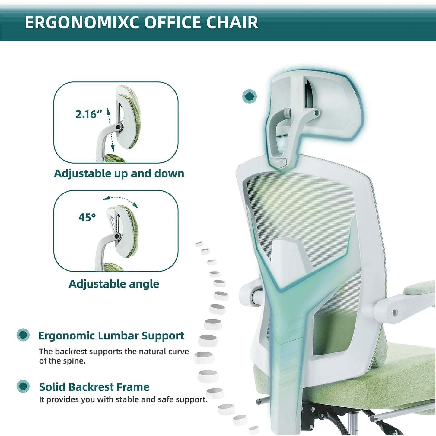 Silla mecedora ergonómica reclinable con respaldo alto de malla para sala de estar, escritorio para computadora, almohada de soporte lumbar giratoria