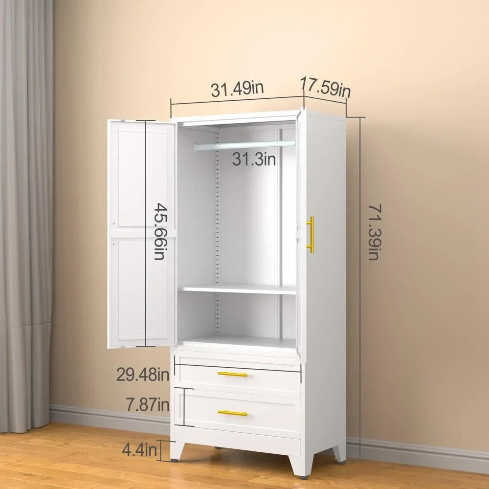 Wardrobe.Metal Armoire Wardrobe Closet, 71 "Metal Clothing Storage Cabinet With Adjustable Shelves And Hanging Rod, Household St