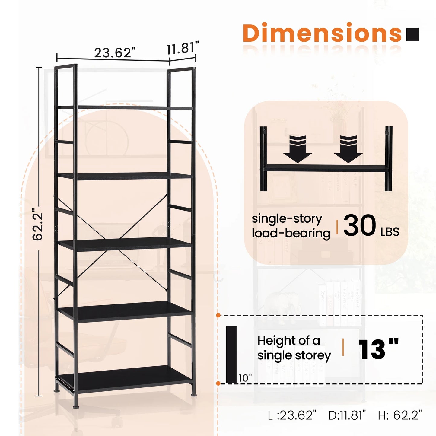 JHK 5 Tier Bookcase Bookshelf Modern Book Case For Books Corner Storage Organizer for Bedroom Home Office Kitchen Living Room