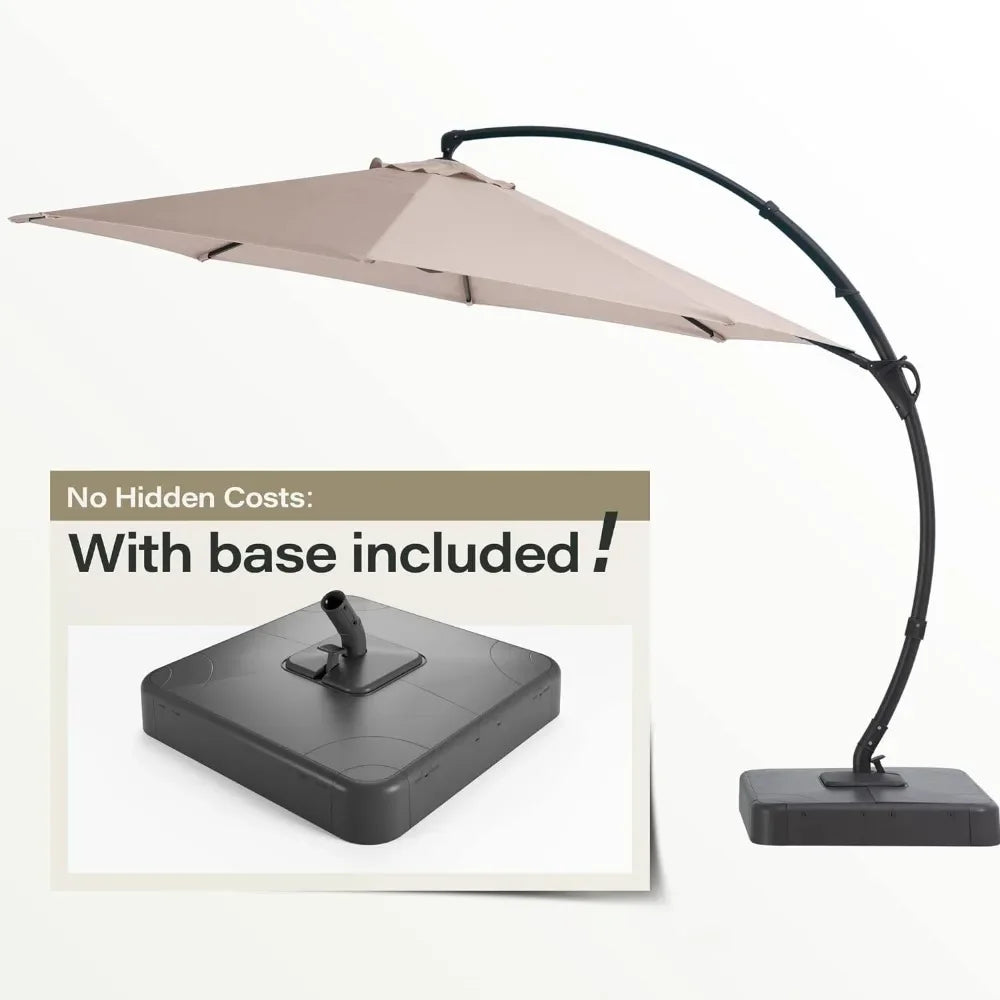 Parasol d'extérieur avec base incluse, parapluie suspendu incurvé et robuste de 11 pieds avec rotation à 360 ° (beige)