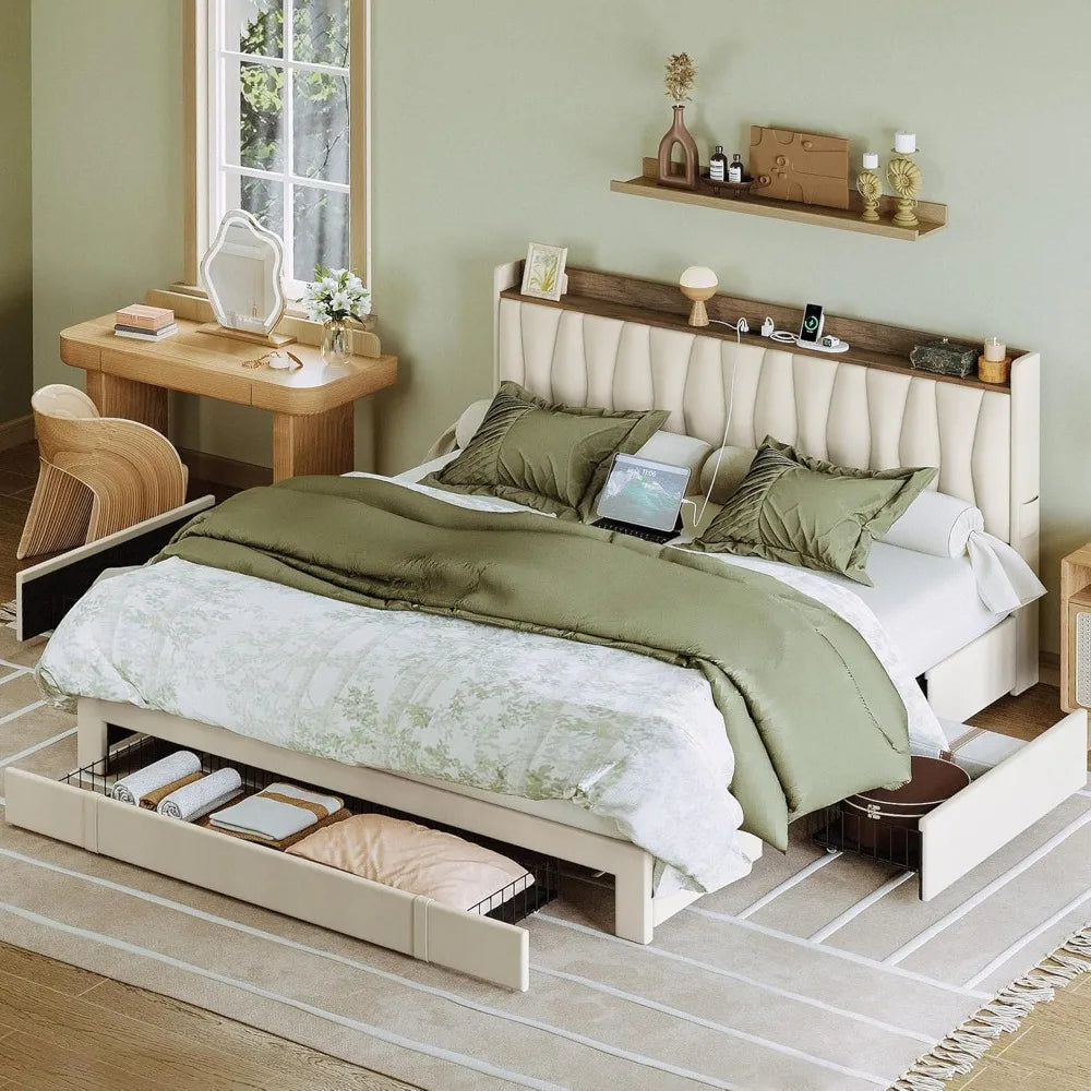 Bed Frame with Storage Headboard and Charging Station, Upholstered Platform Bed with 3 Drawers, No Box Spring NeededLM