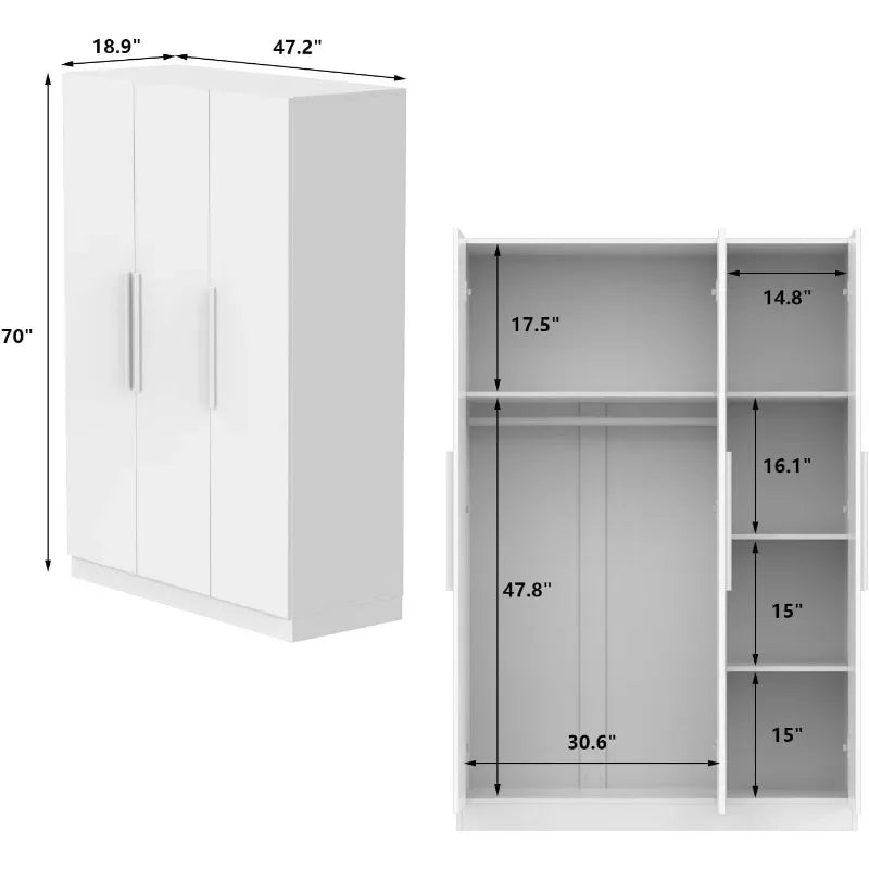 Large Wardrobe Armoire Closet with 3 Doors, Freestanding Wardrobe Cabinet for Hanging Clothes, Bedroom Armoire Dresser Wardrobe