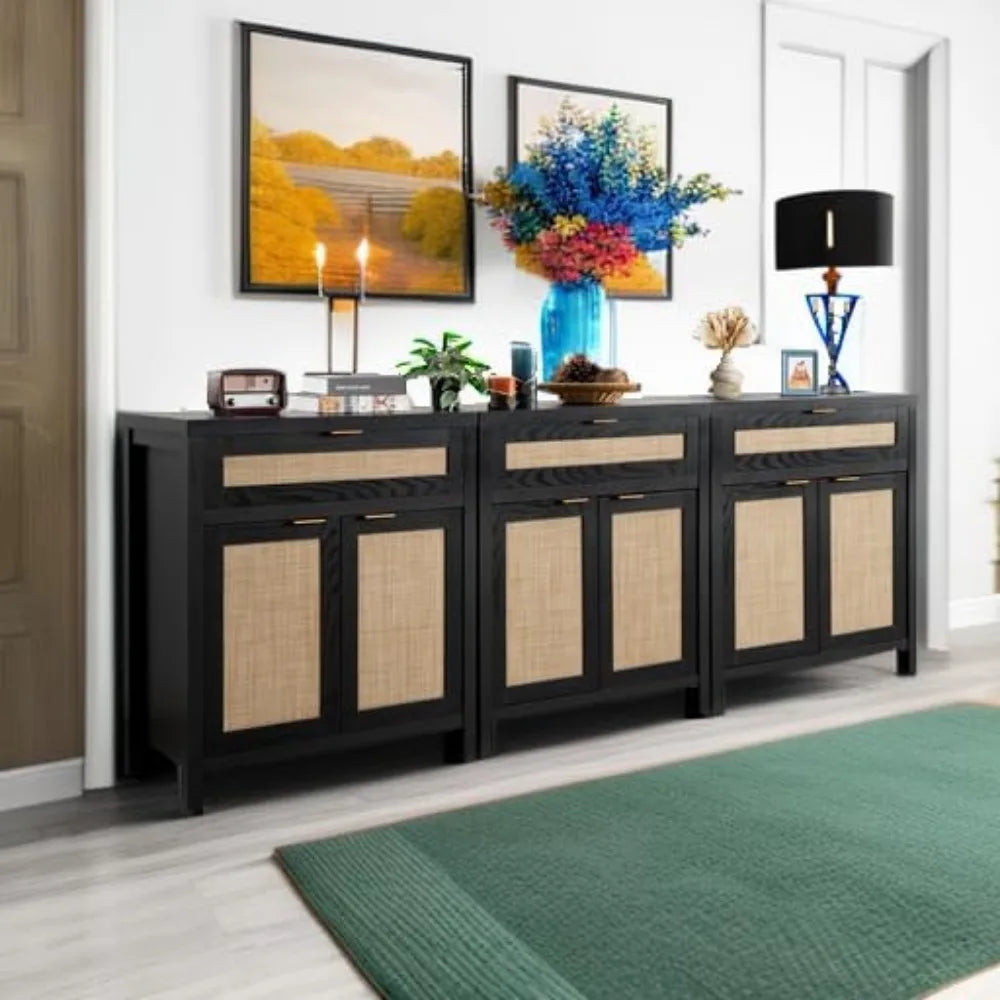 Rattan Credenza Storage Cabinet Buffet Table Console Cabinet with Drawer, Farmhouse Coffee Bar Cabinet for Entryway