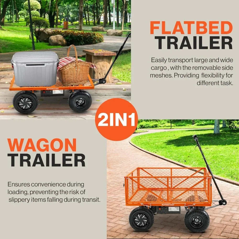 Wheels Camping Trolley Cart - 5.7 Cubic Ft Utility Wagon Convertible Flatbed Design All-Terrain 10in Electric-Assist Garden Cart