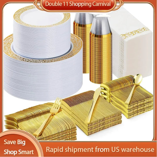 700PCS Gold Plastic Dinnerware Set for 100 Guests, 100 Dinner Plates, Dessert Plates, Gold Silverware Set,Cups, Napkins