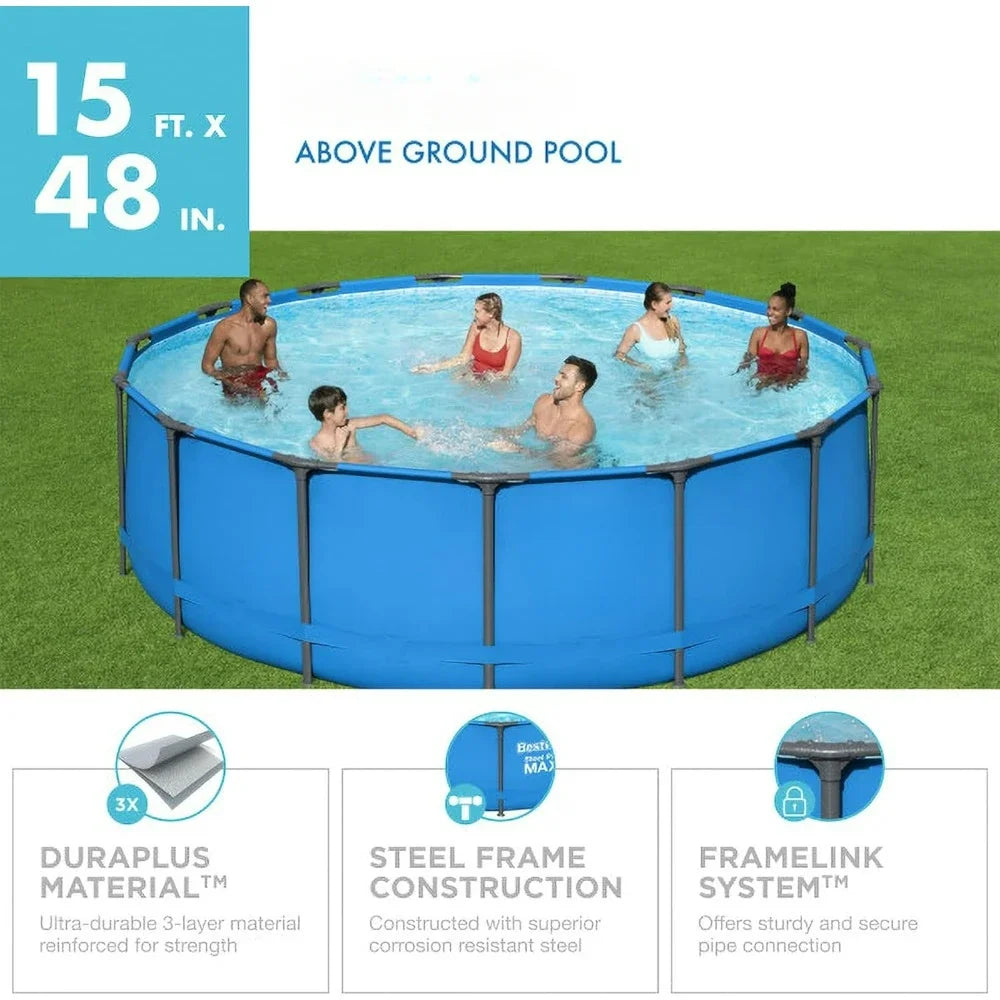 Piscine encadrée 15' x 48" Grand cadre Rond Cadre en acier métallique Hors sol Piscine familiale extérieure pour arrière-cour, Bleu