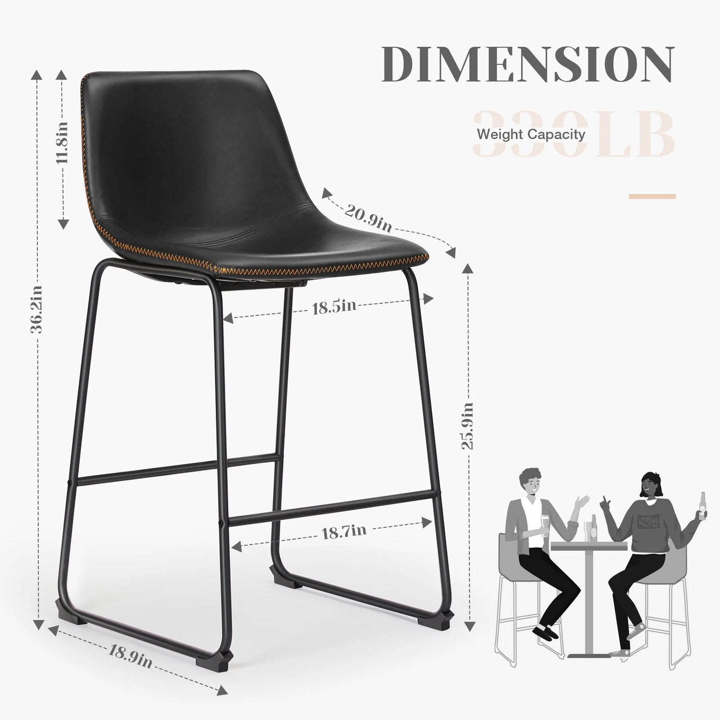 Juego de 2 taburetes de bar de cuero sintético JHK, sillas altas de cocina y comedor con altura de mostrador, cómodos taburetes de isla con cojín de esponja, modernos