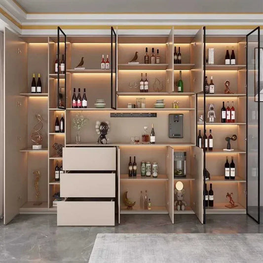 Grande armoire de cuisine moderne, buffet de rangement, garde-manger de cuisine autonome avec portes et tiroirs en verre, buffet