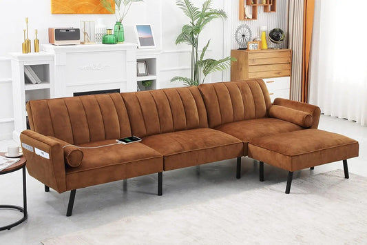 Velvet Sectional Convertible Sofa with Chaise, Sectional Sofa Couch with USB, Split Back Folding Futon Couch for Living Room