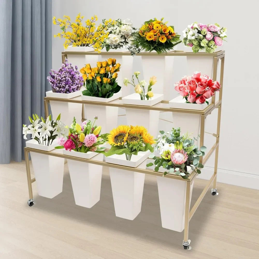 3 Layers Metal Plant Stand,Flower Display Stand with 12Pcs Buckets,Moving Florist Bouquet Shelf for Fresh Flower Shop