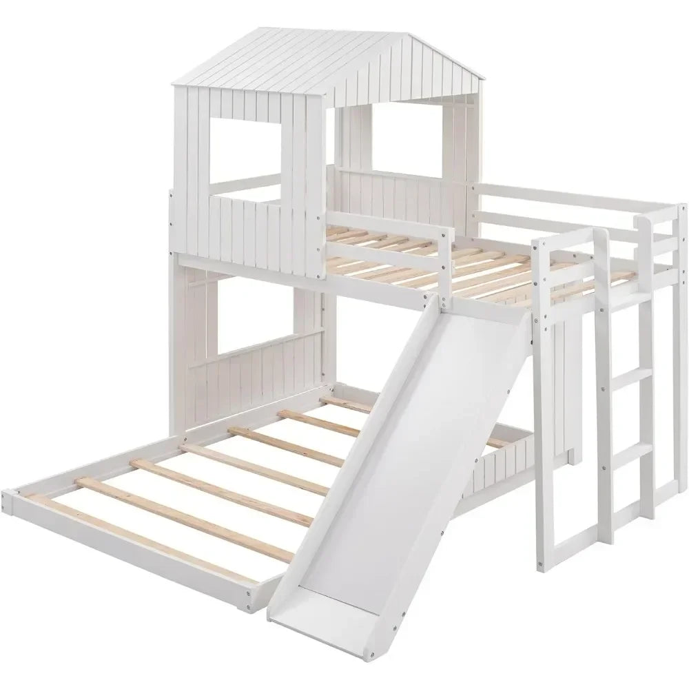 Lits superposés avec toboggan, en bois avec toit et garde-corps pour enfants, tout-petits, pas besoin de sommier (blanc, lit mezzanine simple avec toboggan)