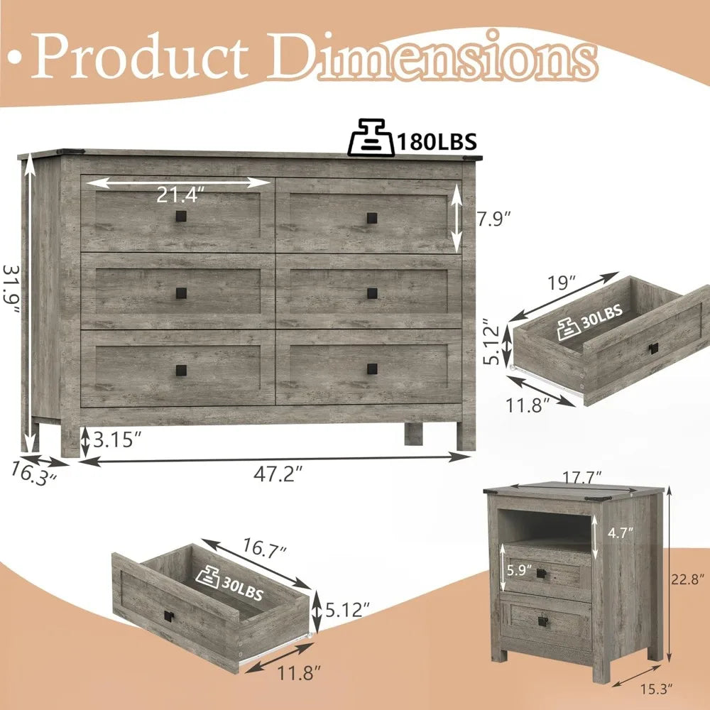 Juego de muebles de dormitorio de estilo rústico, cómoda doble de madera rústica para dormitorio y sala de estar