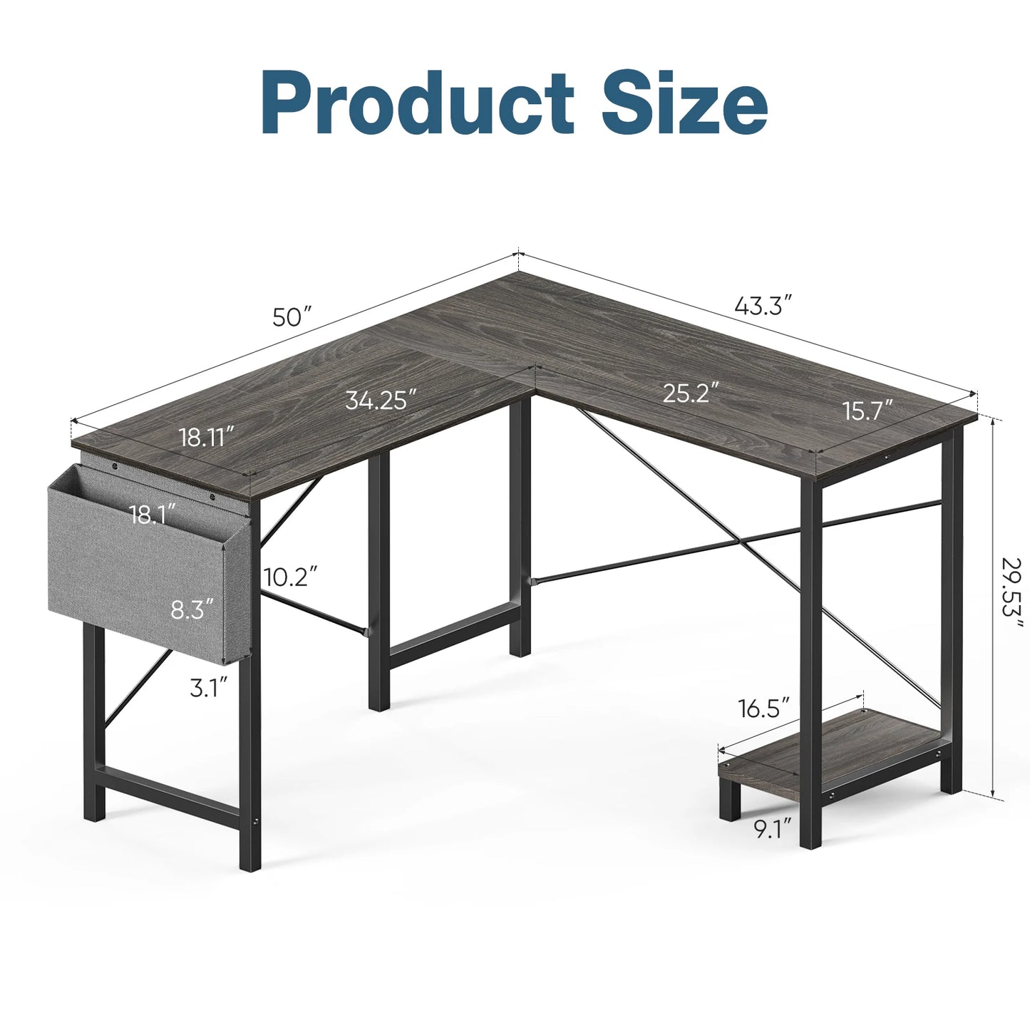 Mesa de escritorio de madera para PC de 50 pulgadas con esquina para juegos JHK con estante de almacenamiento para CPU y bolsa lateral para el hogar, la oficina, el dormitorio y espacios pequeños