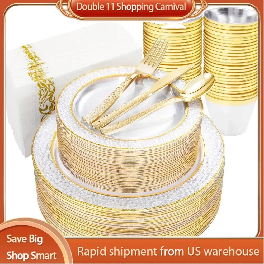 350PCS Gold Disposable Dinnerware Set, 50 Dinner Plates, Salad Plates, Guests Silverware Set, Cups, 50 Napkins