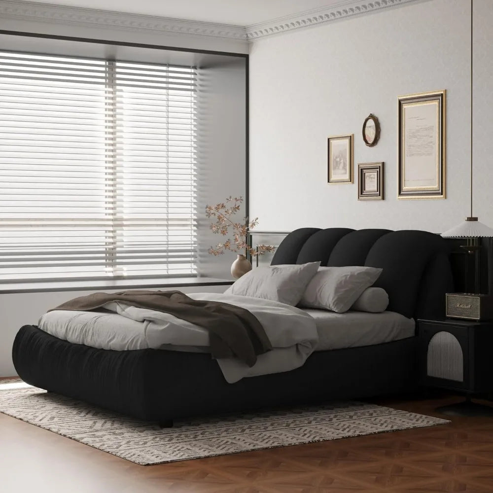 Cama contemporánea tapizada con respaldo acolchado de gran tamaño, cama de plataforma tamaño king | Listones de madera de pino engrosados