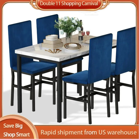 Dining Table Set for 4, Modern Style Faux Marble Tabletop & 4 Blue Velvet Chairs for Dining Room, Kitchen,Breakfast Small Spaces