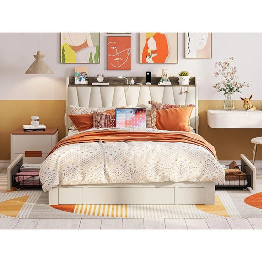 Bed Frame with 3 Drawers, Upholstered Platform Bed with Storage Headboard and Charging Station, No Box Spring NeededLM