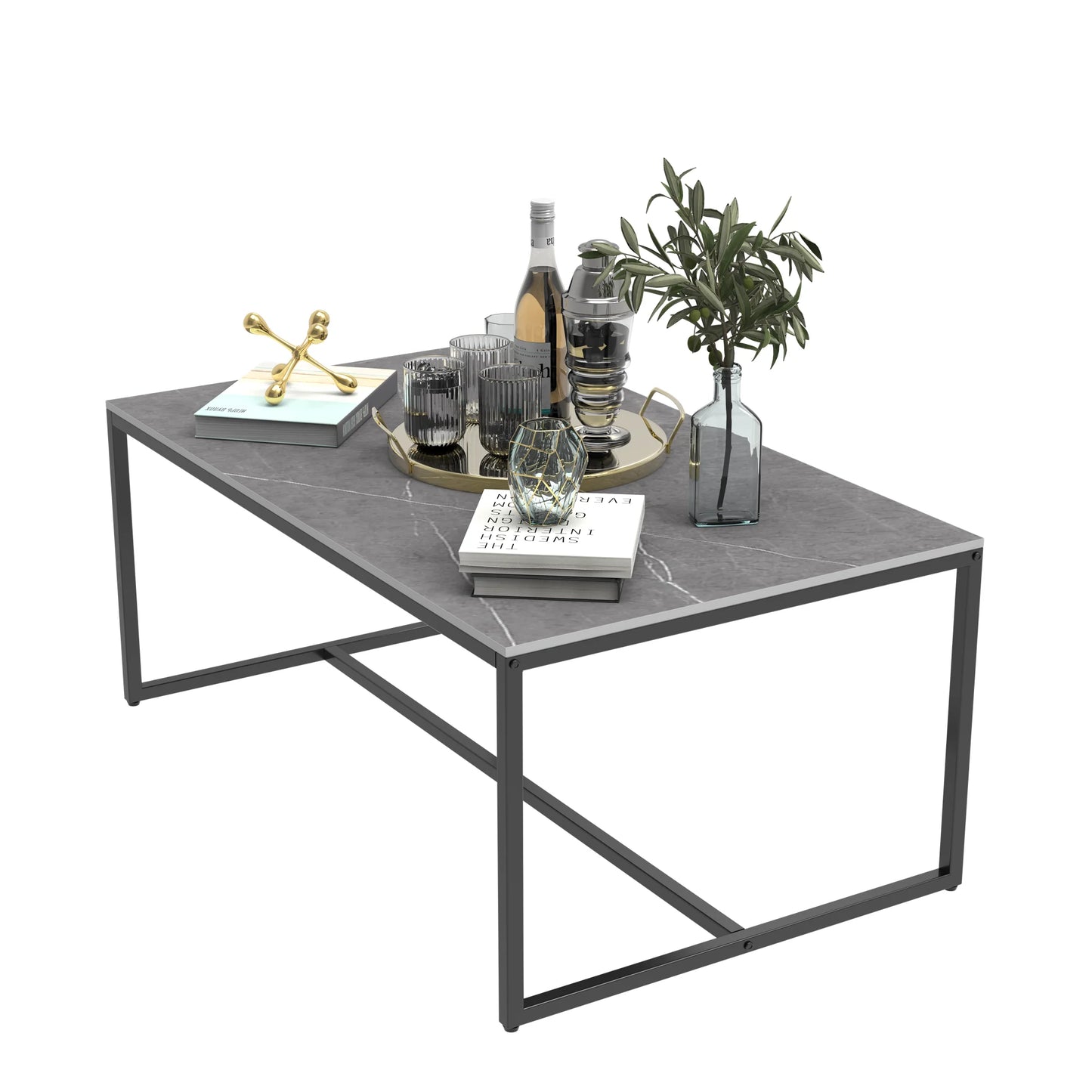 Sintered Stone Coffee Table: Grey Sofa Center Table with Black Metal Frame - Rectangular Furniture Decor Table for Living Room