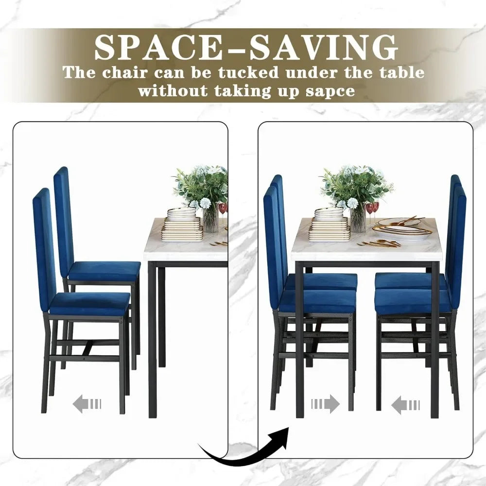 Ensemble de table à manger pour 4 personnes, plateau en faux marbre de style moderne et 4 chaises en velours pour salle à manger, cuisine, petit-déjeuner et petits espaces