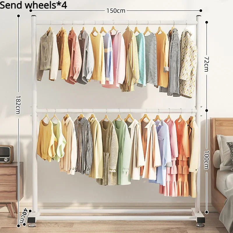 Simple Rolling Clothes Rack Floor Hanger Living Room Wardrobe Shoerack Shelves Double Layers Coat Hanger Stand Home Furniture