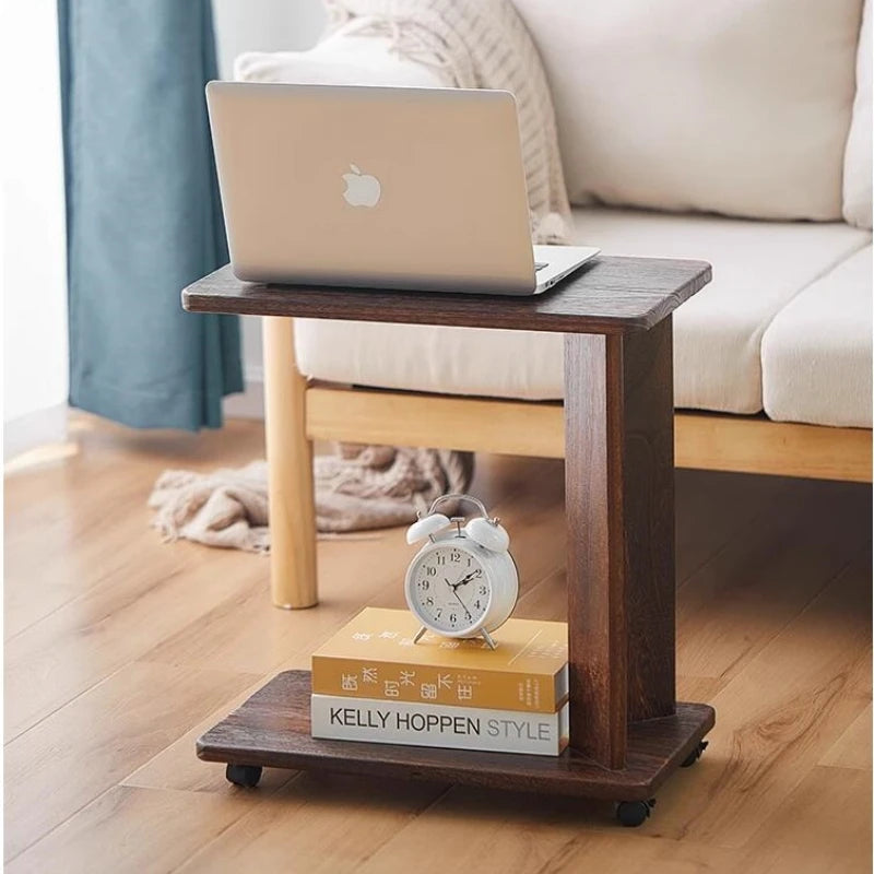 Mesa auxiliar en forma de C con ruedas para sofá y cama, espacios pequeños, sala de estar y dormitorio, mesa de refrigerio rústica, muebles decorativos de madera