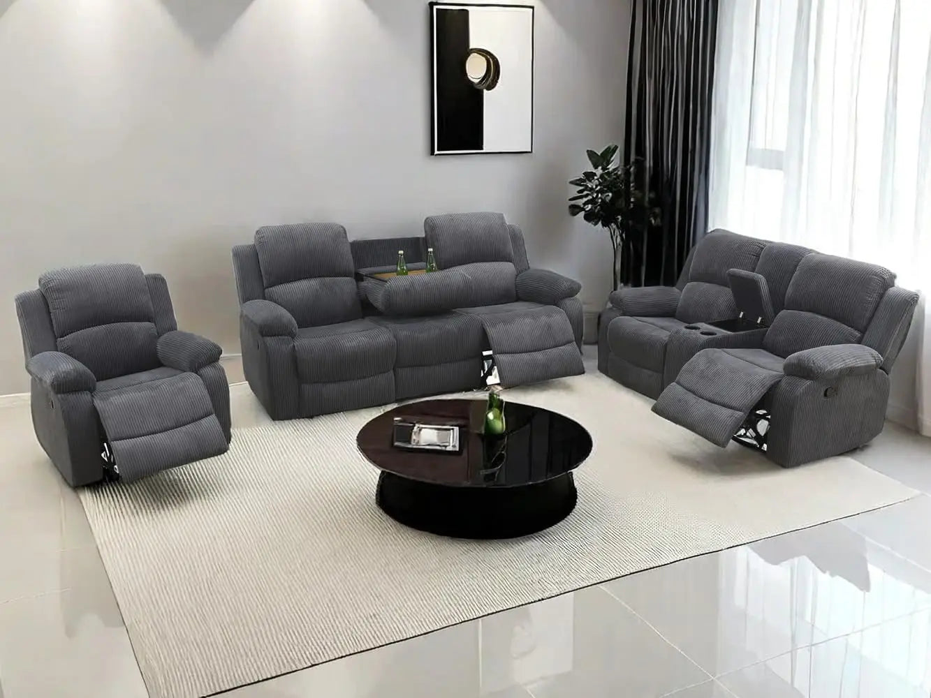 Sofa Set Living Room Furniture Reclining Couch Set with Cup Holders/Storage Console/Drop Down Table Fabric Recliner Sofa Set