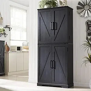 Garde-manger de cuisine, armoire de rangement avec portes de grange, organisateur, tiroir et étagères réglables, armoire en bois rustique pour cuisine