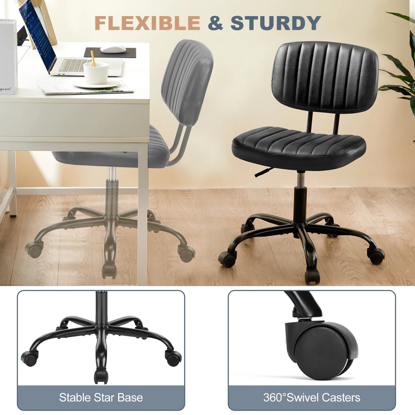 Silla de escritorio de oficina sin brazos JHK con respaldo y soporte lumbar, altura ajustable, silla de computadora de cuero PU con ruedas giratorias de 360°