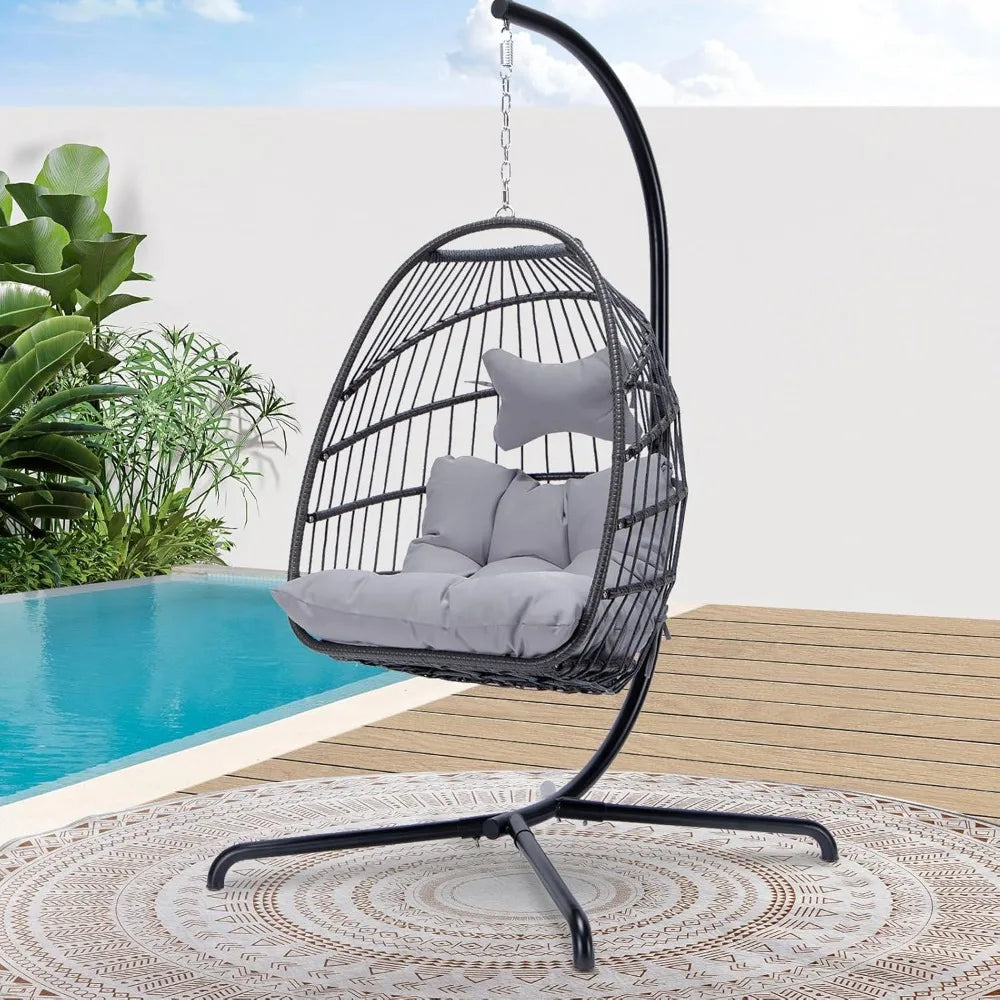 Silla de huevo de lujo para exteriores, de mimbre, colgante con cojines resistentes al agua para patio, patio trasero, balcón, silla de huevo tipo columpio