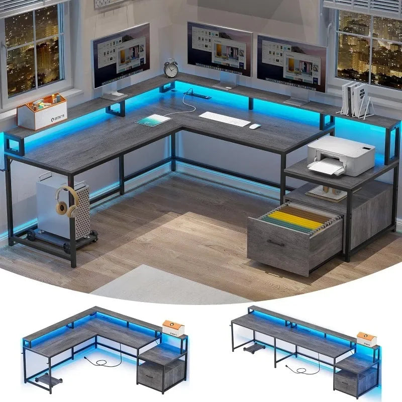 Bureau en L, bureau à domicile de 66 pouces avec tiroir à dossiers et prise de courant, bureau de jeu avec lumières LED, bureau d'ordinateur d'angle