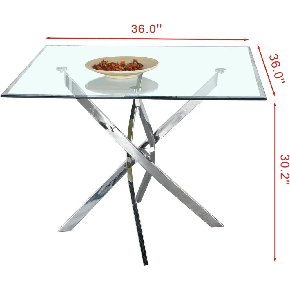 Table à manger carrée en verre avec plateau en verre trempé et pieds en acier inoxydable, table de cuisine carrée moderne en verre de 36 po