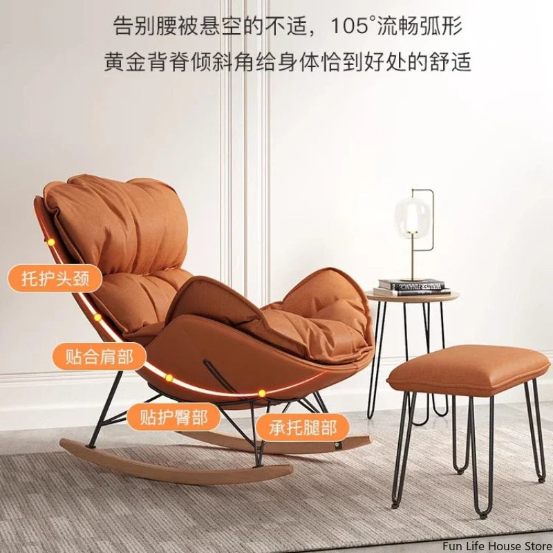 Single Lazy Sofa Rocking Chair, Living Room Balcony Bedroom Leisure Recliner, Solid Wood Base with Footrest, Home Furniture