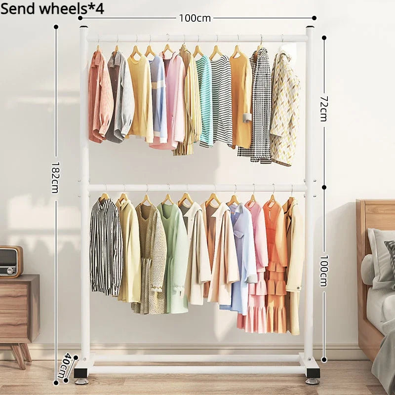 Simple Rolling Clothes Rack Floor Hanger Living Room Wardrobe Shoerack Shelves Double Layers Coat Hanger Stand Home Furniture