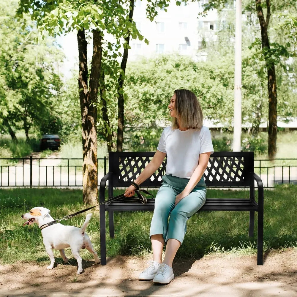 Banc de jardin d'extérieur, banc de porche en métal avec dossier en PVC, parc extérieur noir pour décoration de pelouse de cour, terrasse, entrée