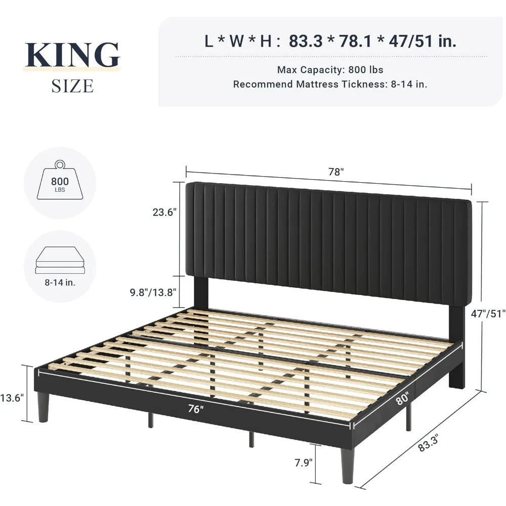 Cadre de lit plateforme King, avec tête de lit capitonnée à canaux verticaux réglables, sommier à lattes en bois robusteLM