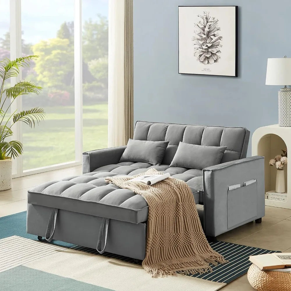 3 in 1 Modern Velvet Recliner Futon Sofa with Pullout Bed, Small Couple Seat Lounge Sofa, Living Room Furniture, Gray